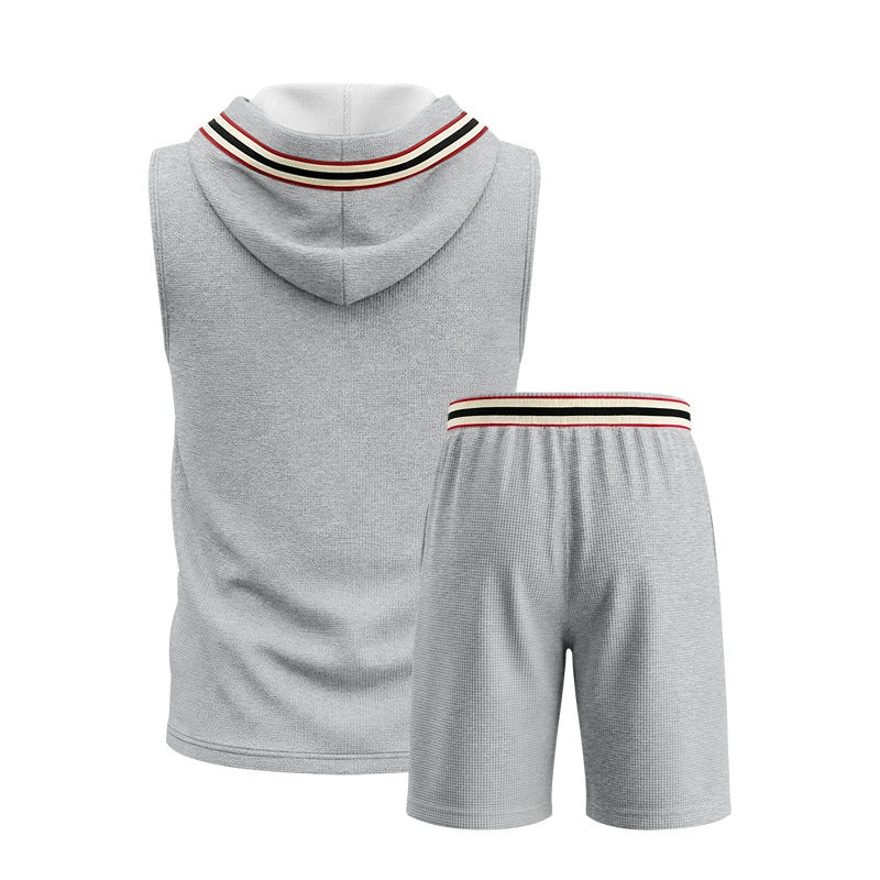 Mivanity Men's Waffle Knit Sleeveless Hooded Top Mid-Length Shorts 2-Piece Summer Sets