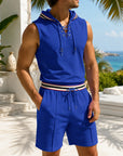 Mivanity Men's Waffle Knit Sleeveless Hooded Top Mid-Length Shorts 2-Piece Summer Sets