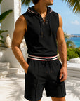 Mivanity Men's Waffle Knit Sleeveless Hooded Top Mid-Length Shorts 2-Piece Summer Sets
