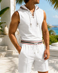 Mivanity Men's Waffle Knit Sleeveless Hooded Top Mid-Length Shorts 2-Piece Summer Sets