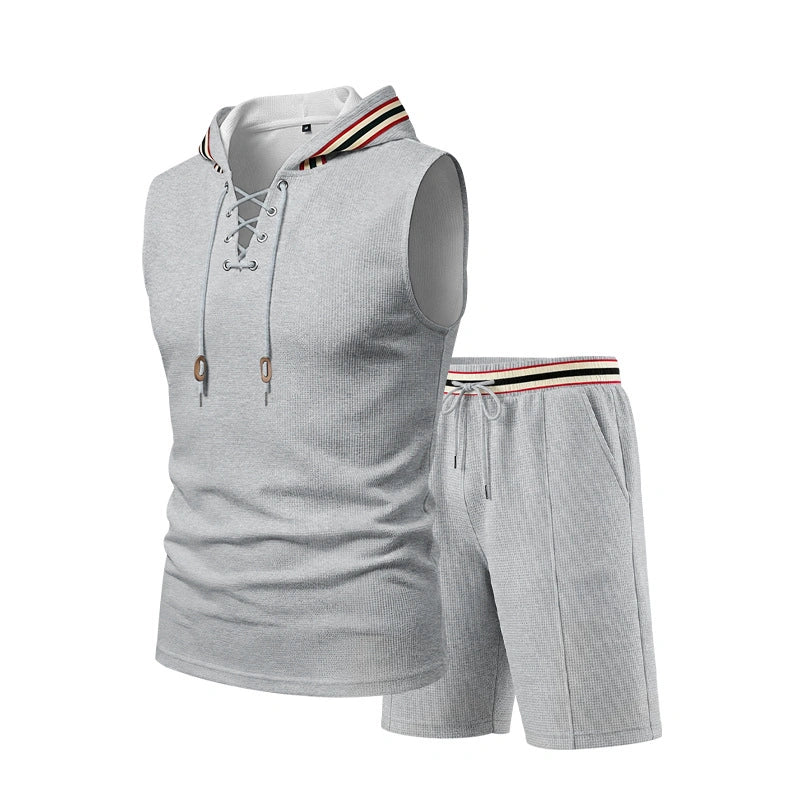 Mivanity Men's Waffle Knit Sleeveless Hooded Top Mid-Length Shorts 2-Piece Summer Sets