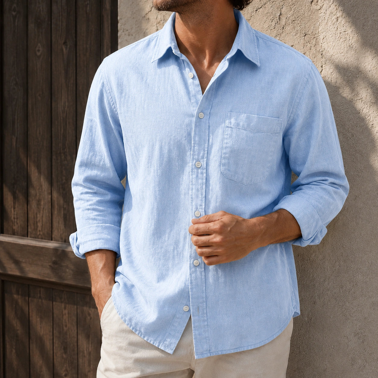 Mivanity Men's Waffle Lapel Casual Comfort Long Sleeve Shirts