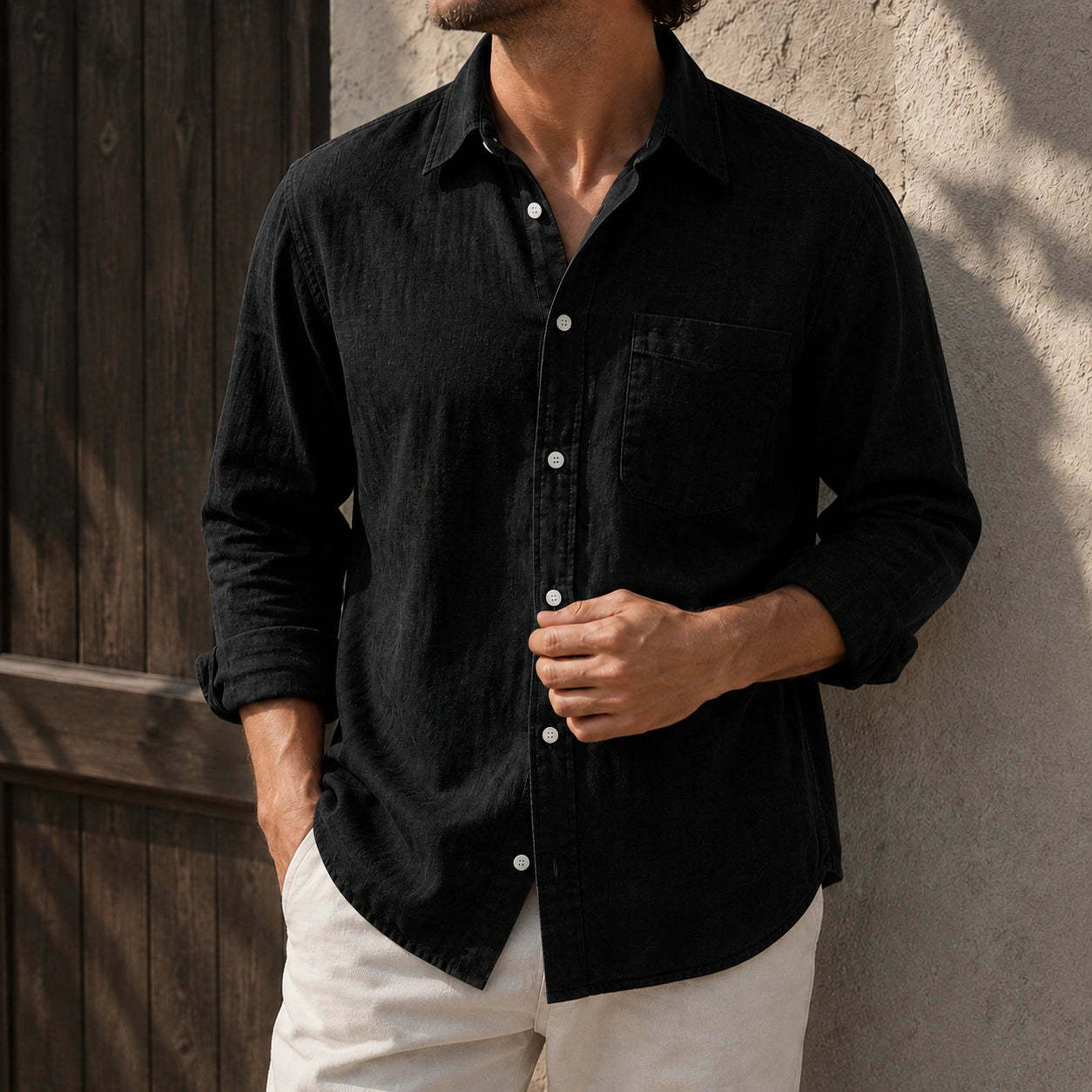 Mivanity Men's Waffle Lapel Casual Comfort Long Sleeve Shirts