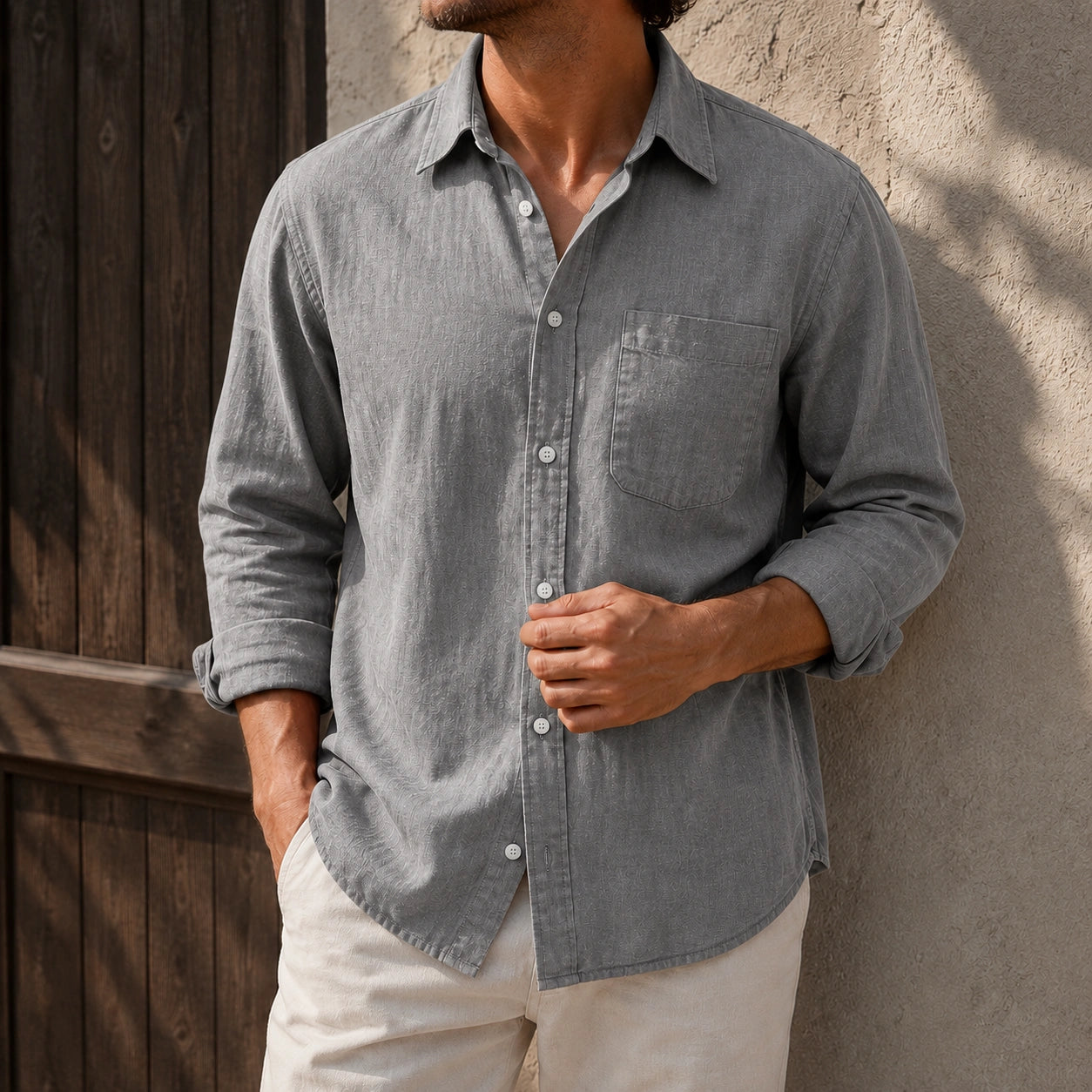 Mivanity Men's Waffle Lapel Casual Comfort Long Sleeve Shirts
