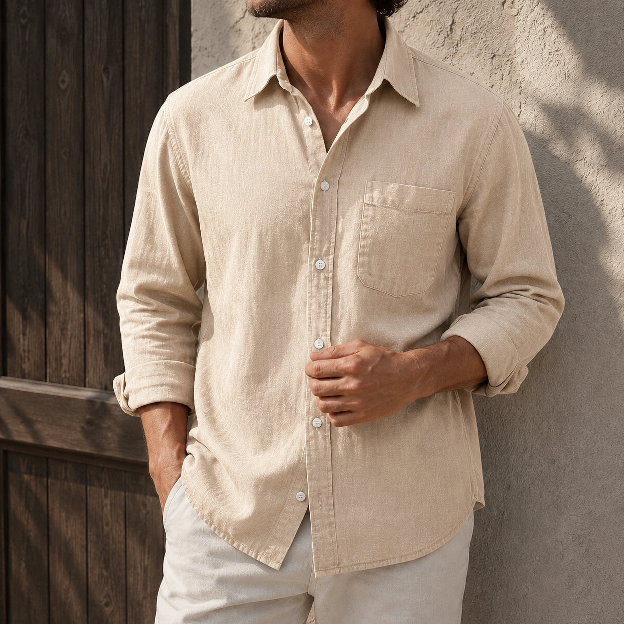 Mivanity Men's Waffle Lapel Casual Comfort Long Sleeve Shirts
