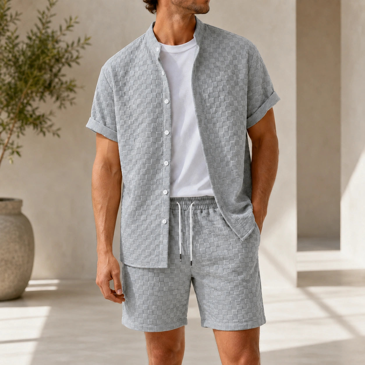 Mivanity Men's Waffle Texture Short Sleeve T-Shirt and Shorts Sets