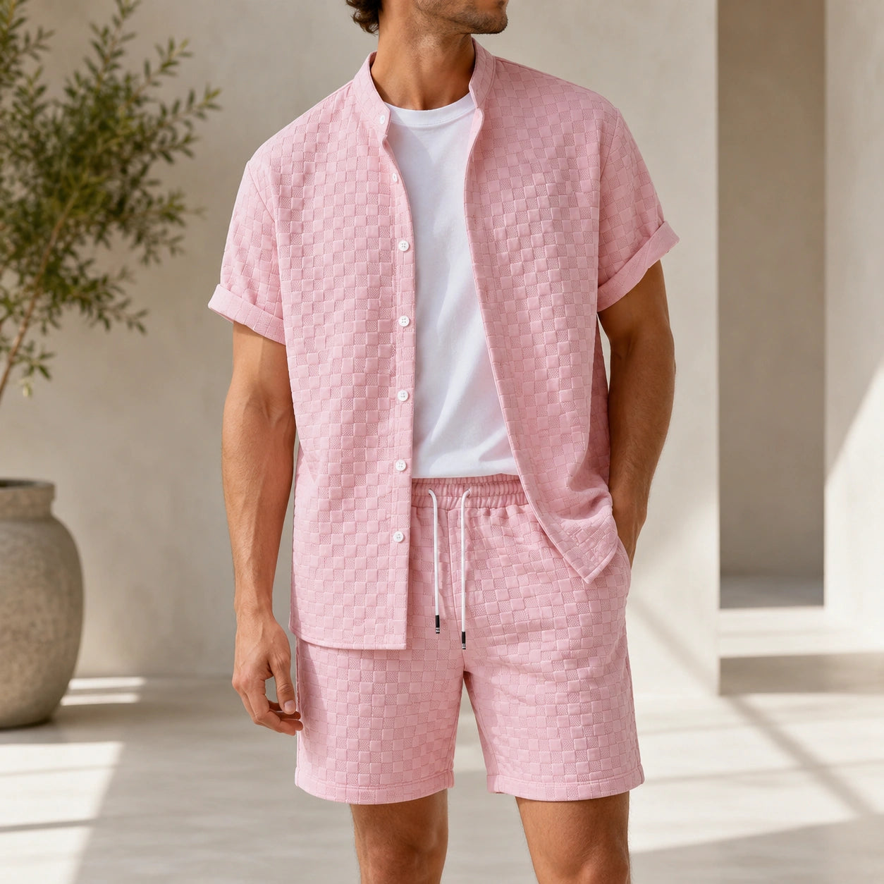 Mivanity Men's Waffle Texture Short Sleeve T-Shirt and Shorts Sets