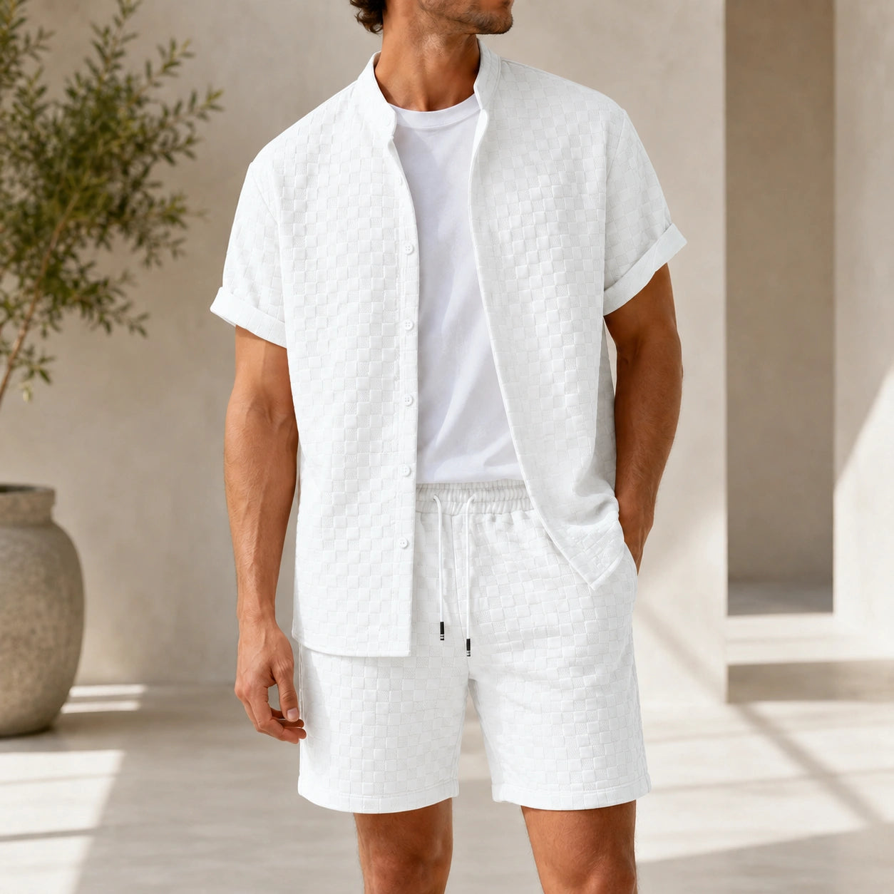Mivanity Men's Waffle Texture Short Sleeve T-Shirt and Shorts Sets