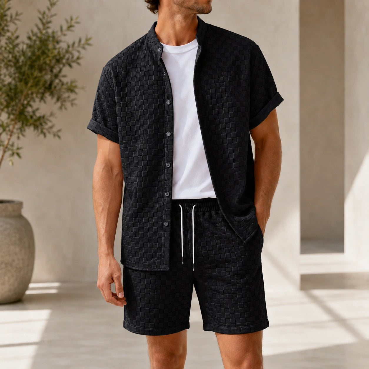 Mivanity Men's Waffle Texture Short Sleeve T-Shirt and Shorts Sets