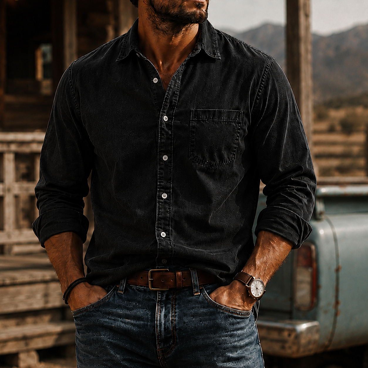 Mivanity Men's Washed Cotton Long Sleeve Shirt
