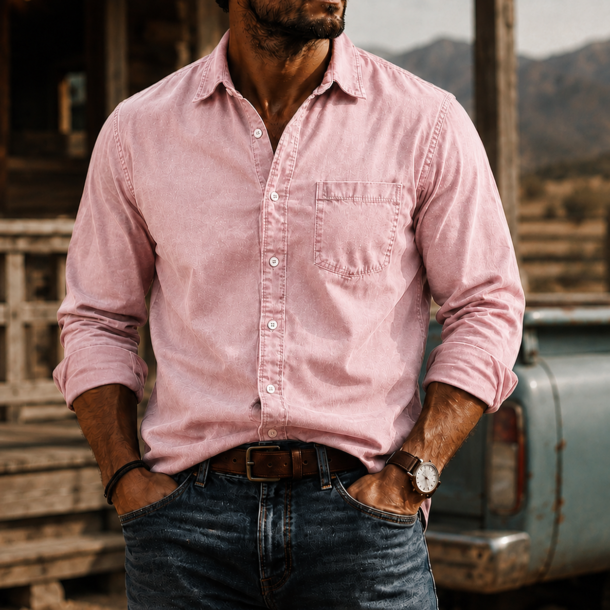 Mivanity Men's Washed Cotton Long Sleeve Shirt