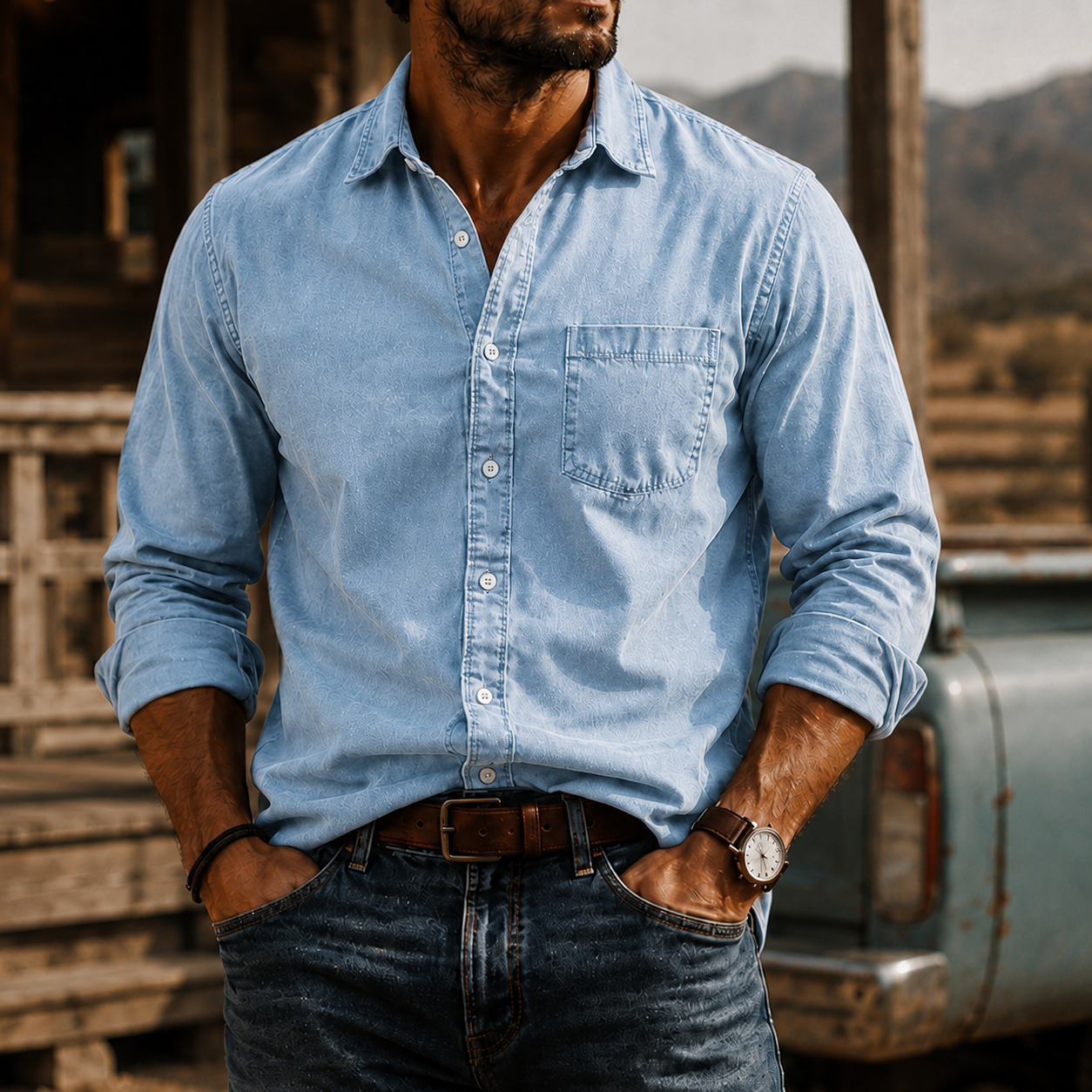 Mivanity Men's Washed Cotton Long Sleeve Shirt