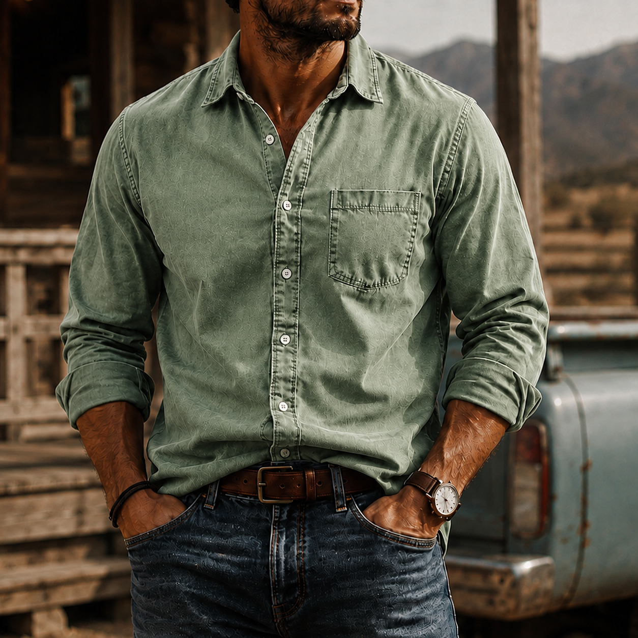Mivanity Men's Washed Cotton Long Sleeve Shirt