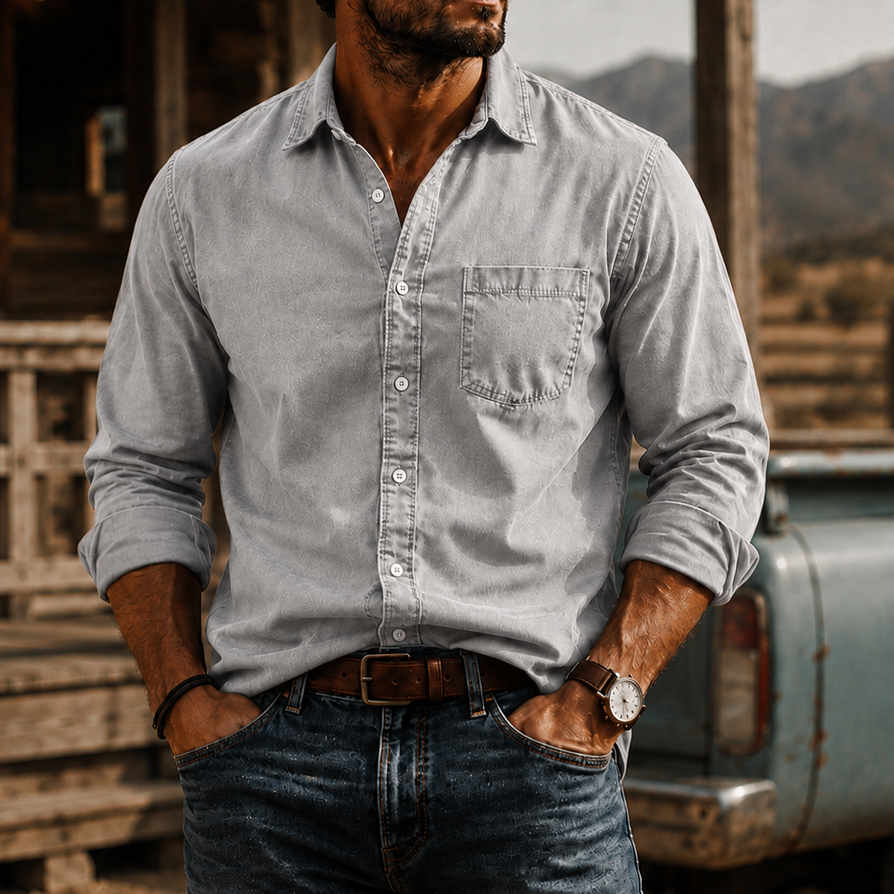 Mivanity Men's Washed Cotton Long Sleeve Shirt