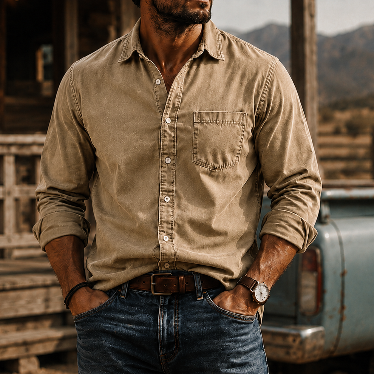 Mivanity Men's Washed Cotton Long Sleeve Shirt