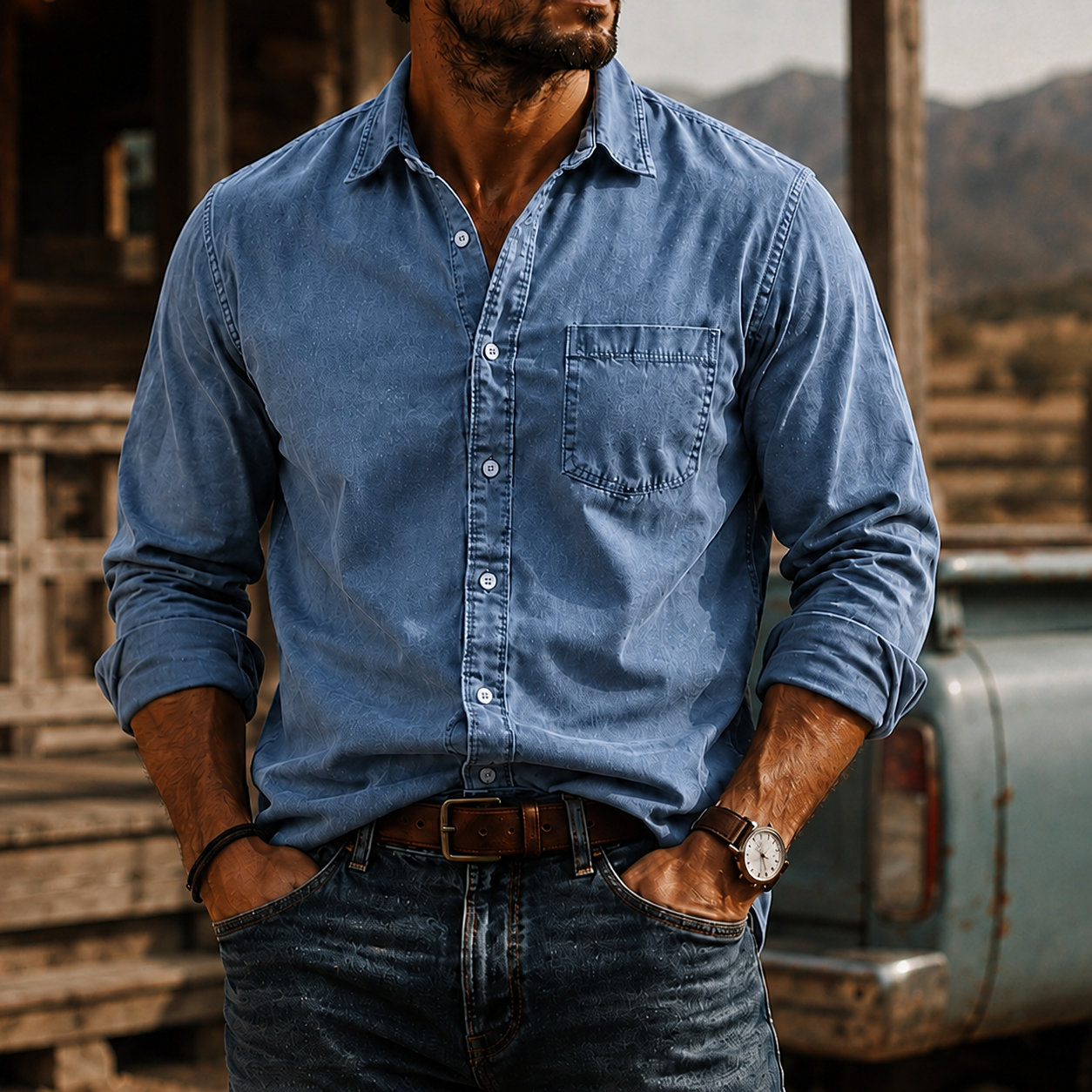 Mivanity Men's Washed Cotton Long Sleeve Shirt