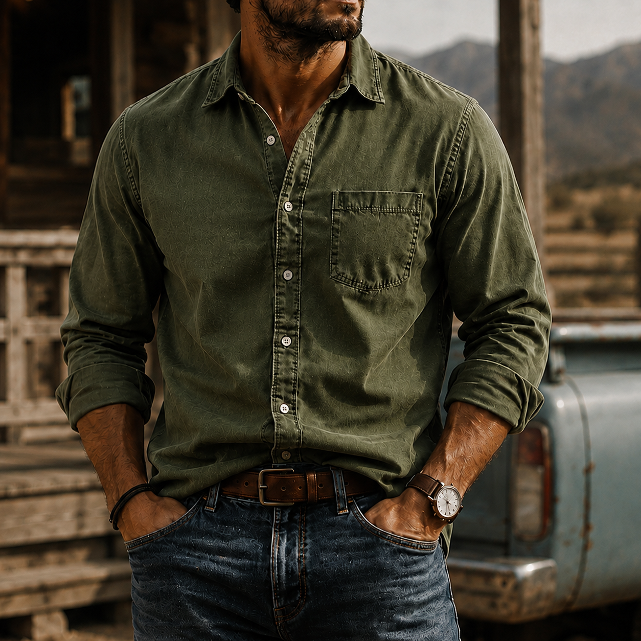 Mivanity Men's Washed Cotton Long Sleeve Shirt