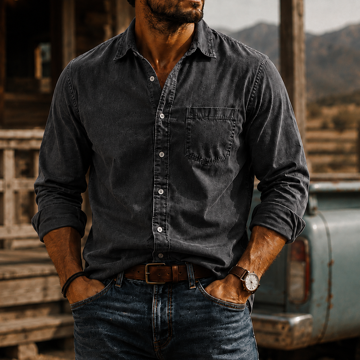 Mivanity Men's Washed Cotton Long Sleeve Shirt