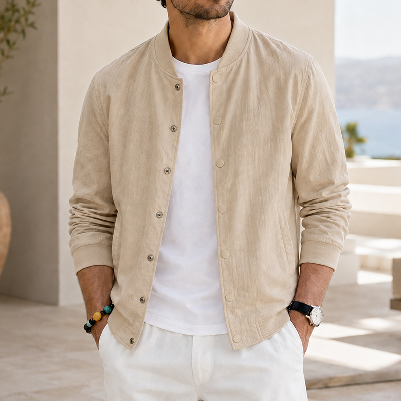 Mivanity Men's Washed Linen Textured Bomber Jacket