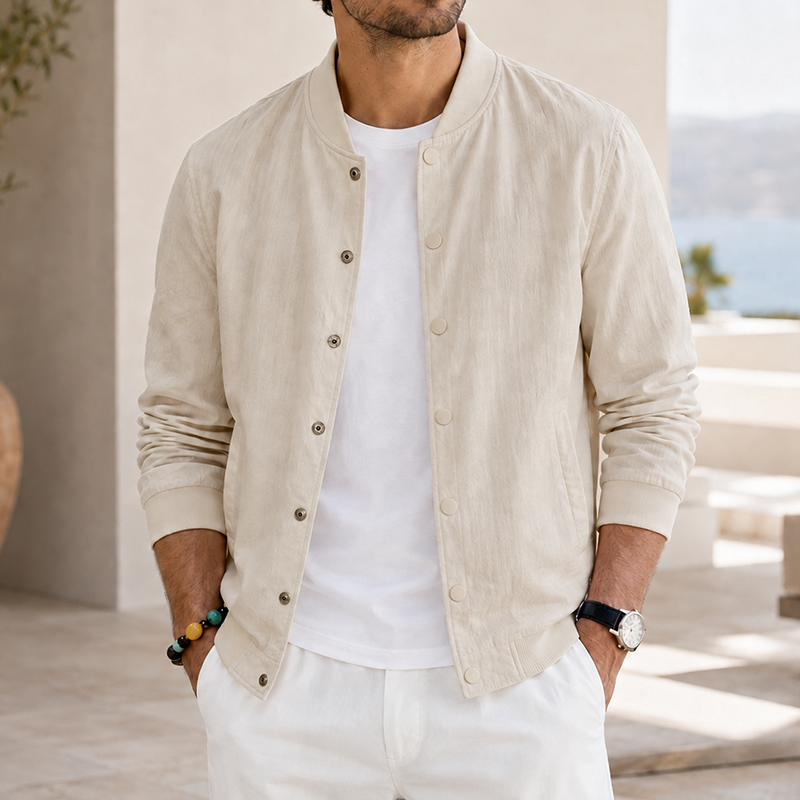 Mivanity Men's Washed Linen Textured Bomber Jacket