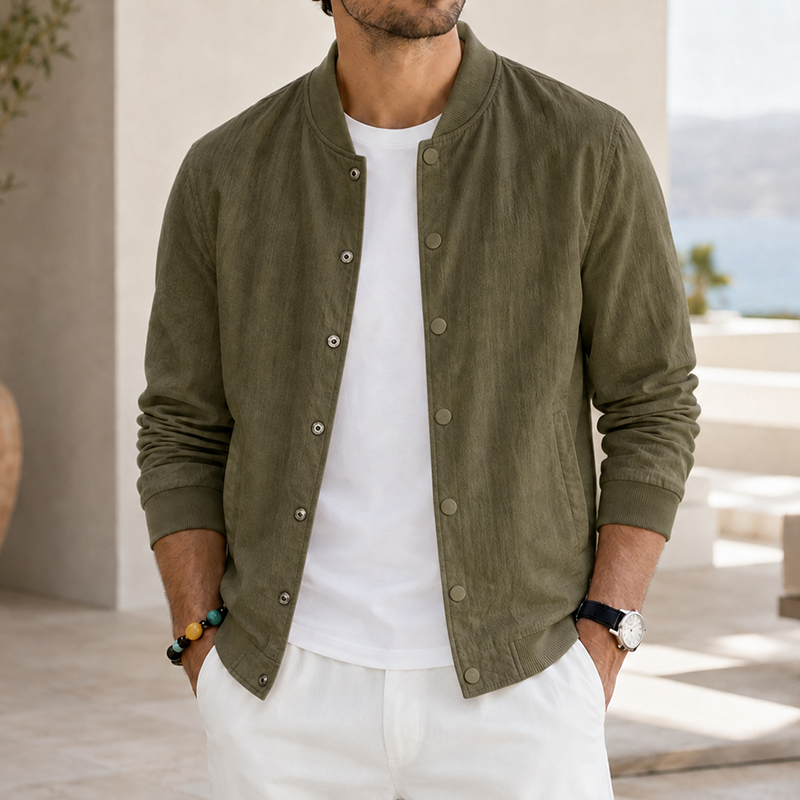 Mivanity Men's Washed Linen Textured Bomber Jacket