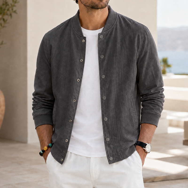 Mivanity Men's Washed Linen Textured Bomber Jacket