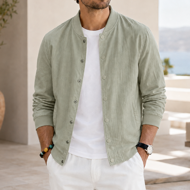 Mivanity Men's Washed Linen Textured Bomber Jacket