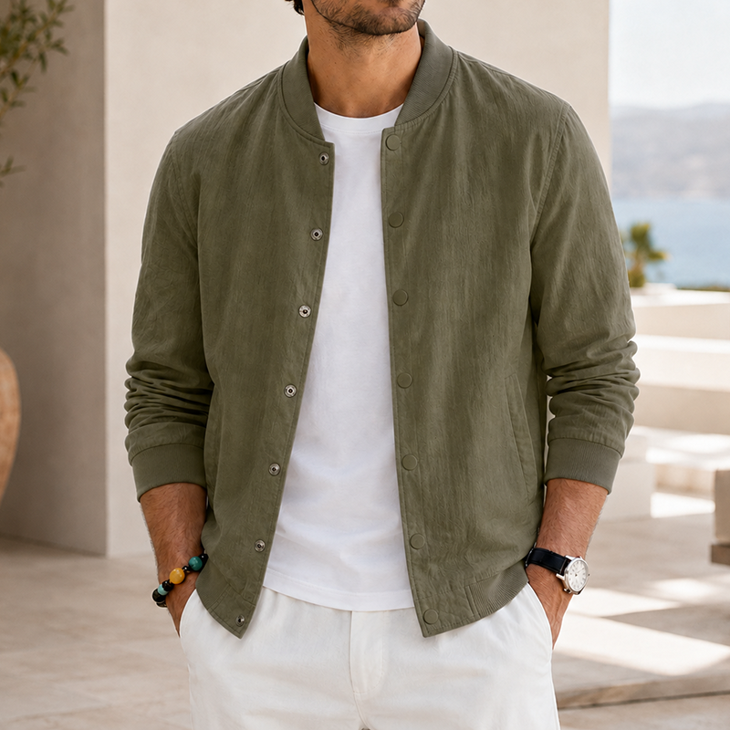 Mivanity Men's Washed Linen Textured Bomber Jacket