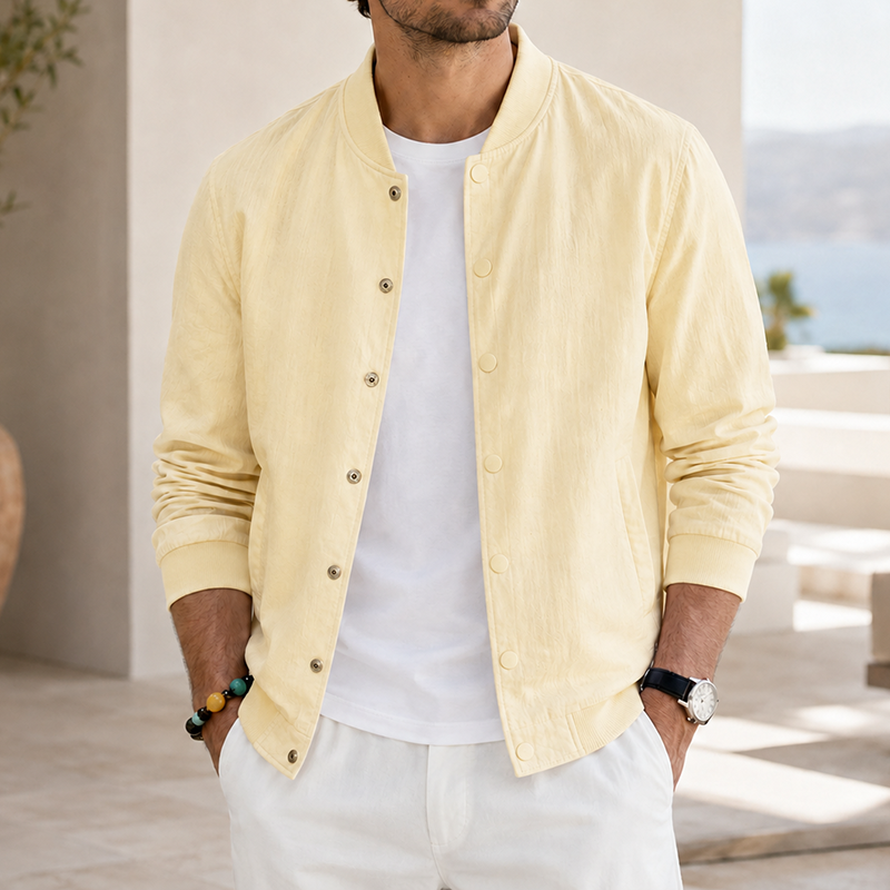 Mivanity Men's Washed Linen Textured Bomber Jacket