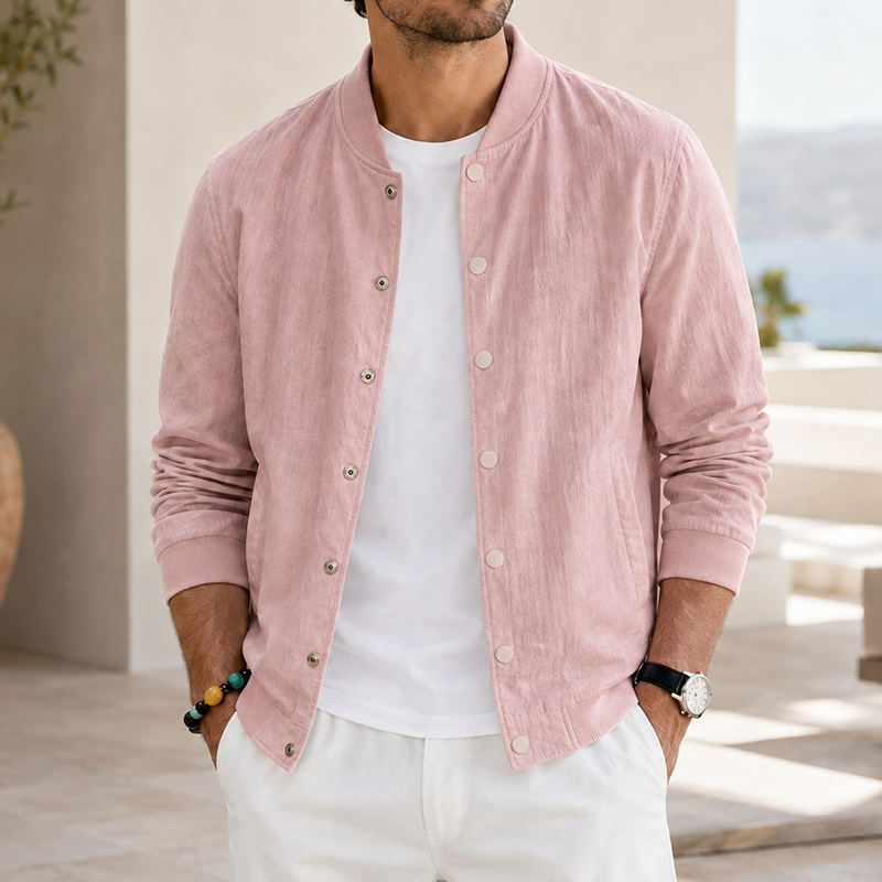 Mivanity Men's Washed Linen Textured Bomber Jacket