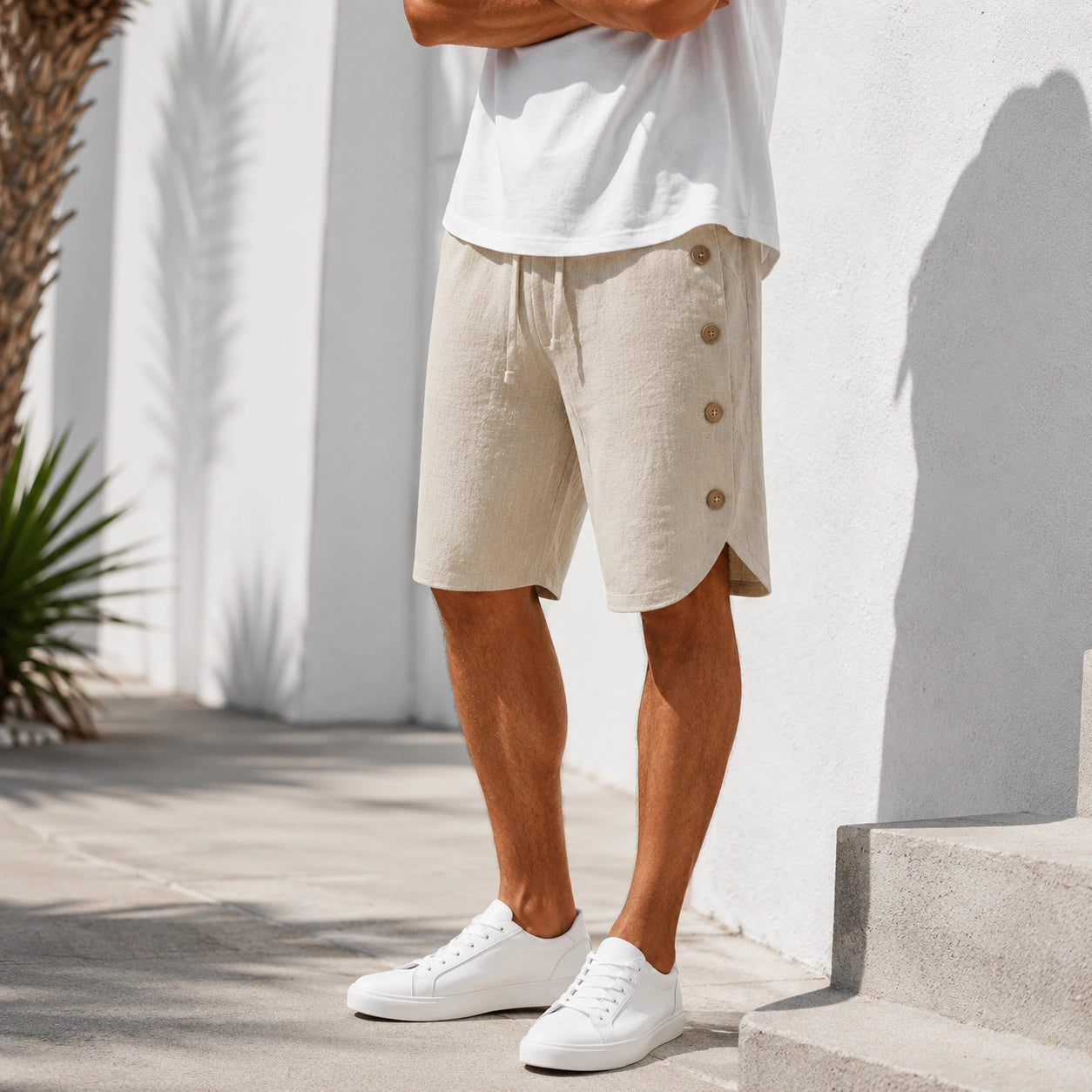 Mivanity Pocket Elastic Waist Side Button Solid Comfort Breathable Shorts
