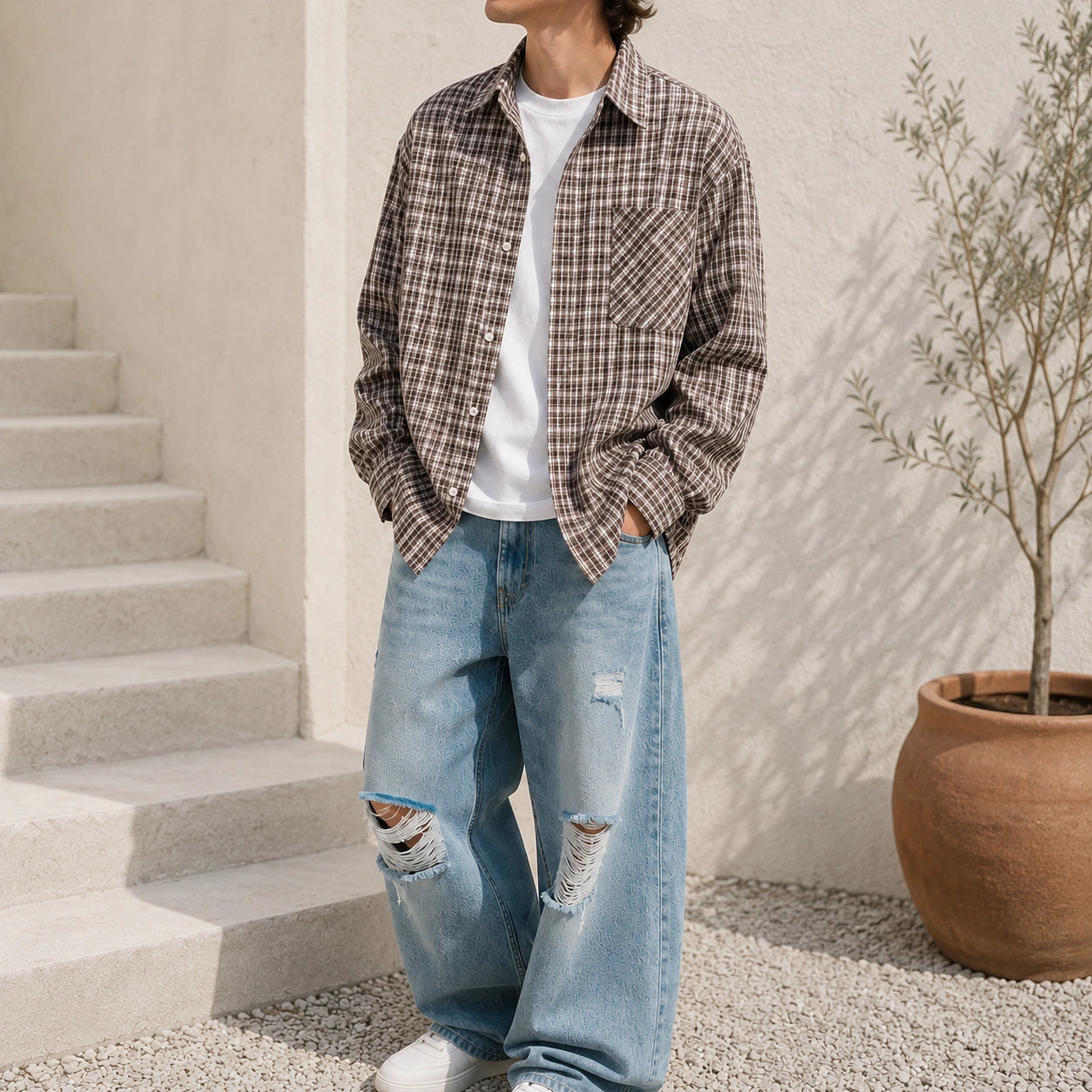 Mivanity Relaxed Collar Checkered Long-Sleeve Casual Shirts