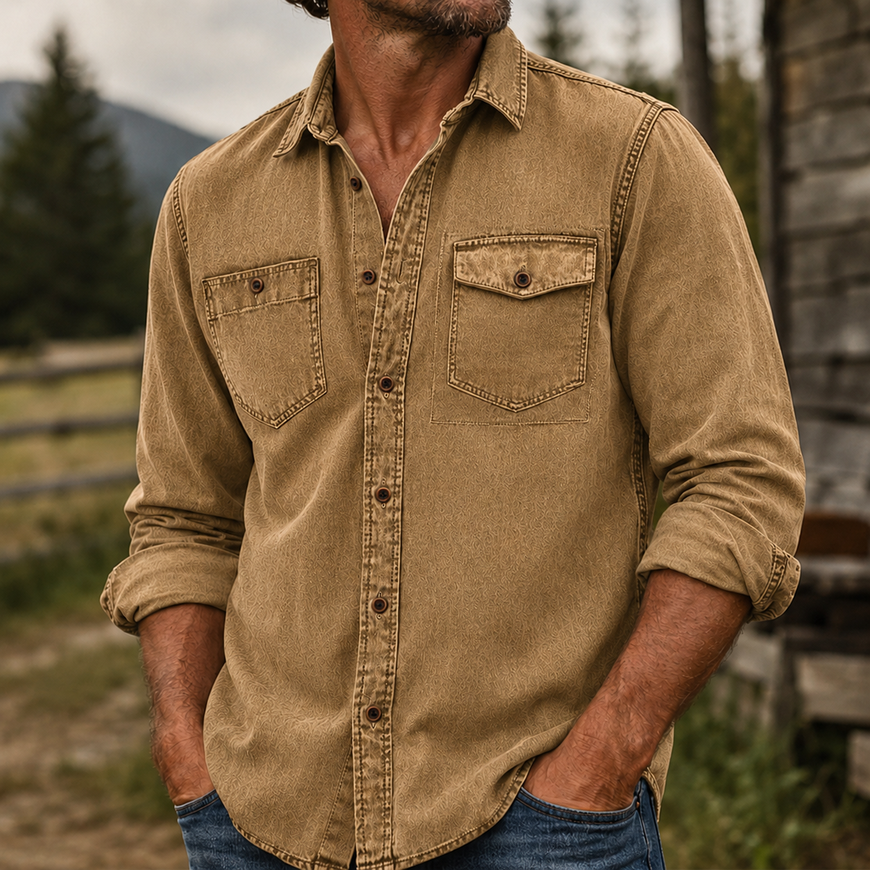 Mivanity Rugged Vintage Textured Shirt  Men's Casual Outdoor Button Up Long Sleeve