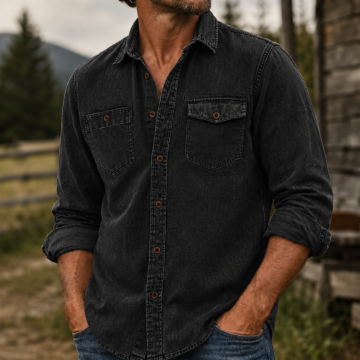 Mivanity Rugged Vintage Textured Shirt  Men's Casual Outdoor Button Up Long Sleeve