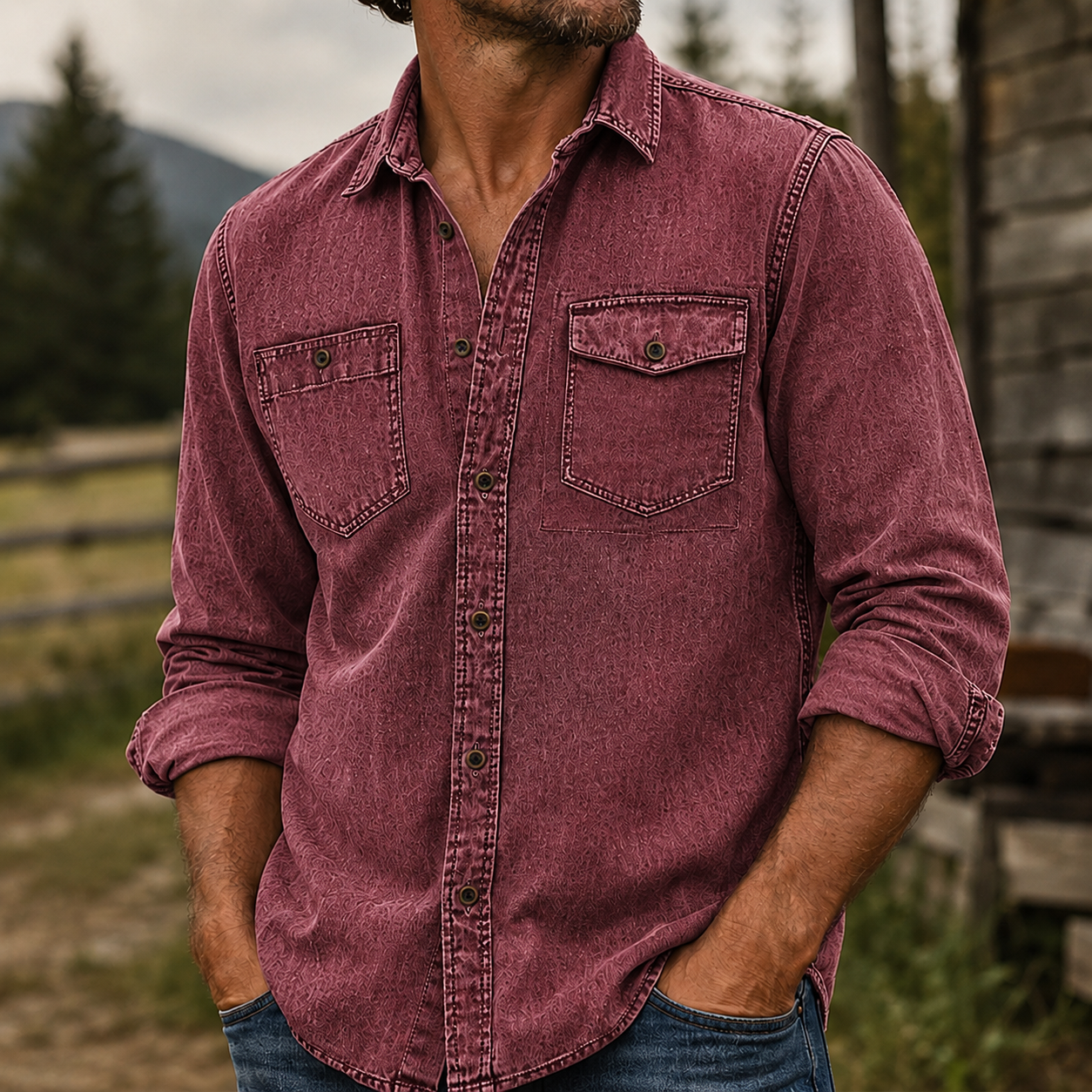 Mivanity Rugged Vintage Textured Shirt  Men's Casual Outdoor Button Up Long Sleeve