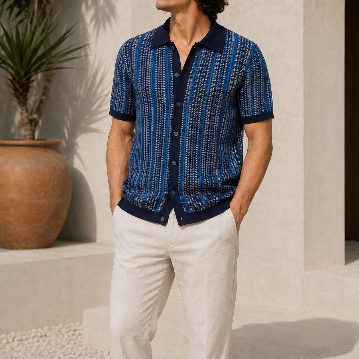 Mivanity Striped Jacquard Knit Business Polo Shirts