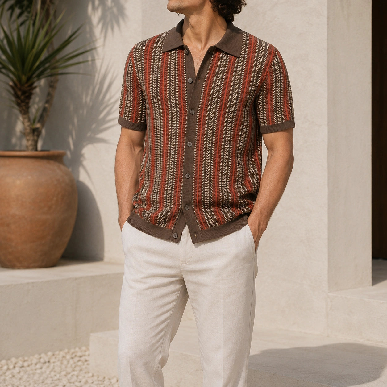 Mivanity Striped Jacquard Knit Business Polo Shirts