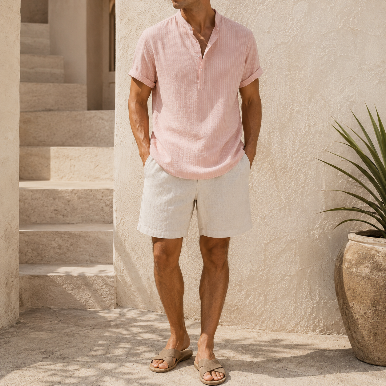 Mivanity Men's Casual Loose Striped Stand Collar Short Sleeve Shirts