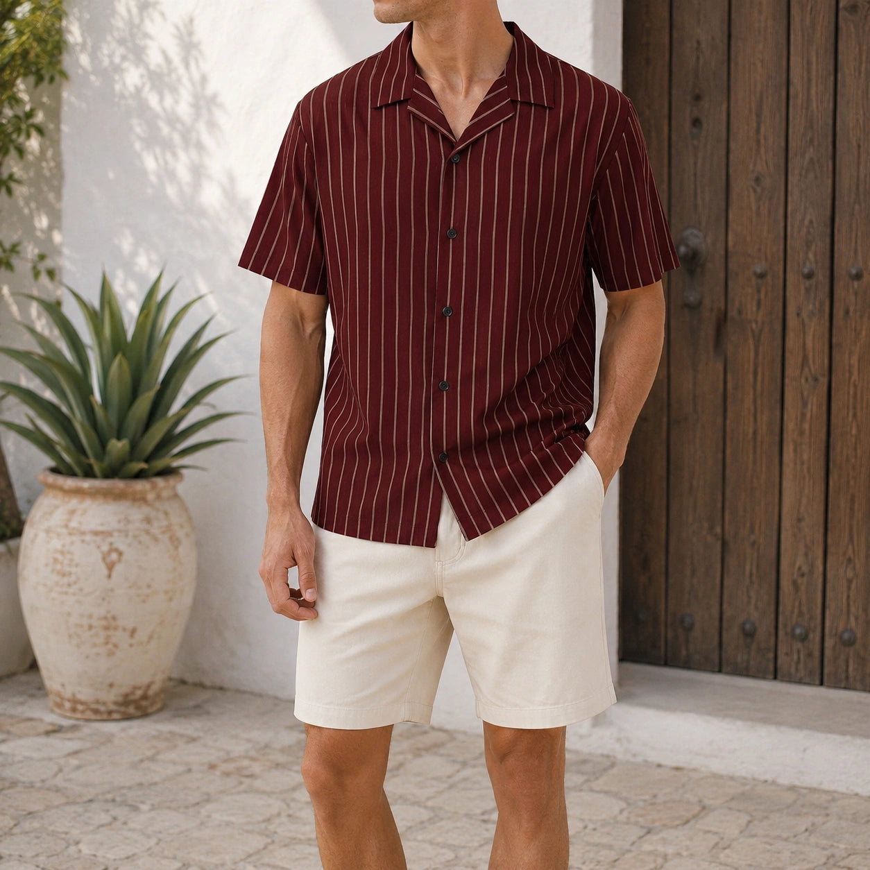 Mivanity Men's Casual Striped Printed Cuban Collar Short Sleeve Shirts