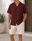Mivanity Men's Casual Striped Printed Cuban Collar Short Sleeve Shirts