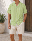 Mivanity Men's Casual Striped Printed Cuban Collar Short Sleeve Shirts