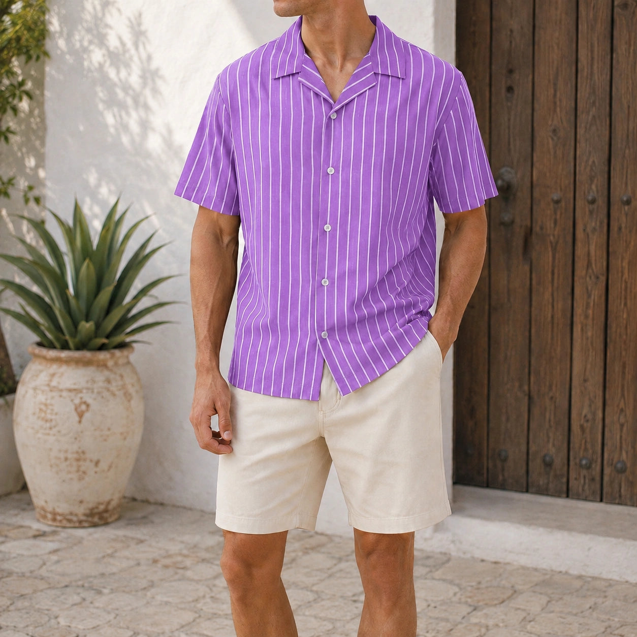 Mivanity Men's Casual Striped Printed Cuban Collar Short Sleeve Shirts
