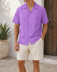Mivanity Men's Casual Striped Printed Cuban Collar Short Sleeve Shirts