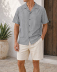 Mivanity Men's Casual Striped Printed Cuban Collar Short Sleeve Shirts