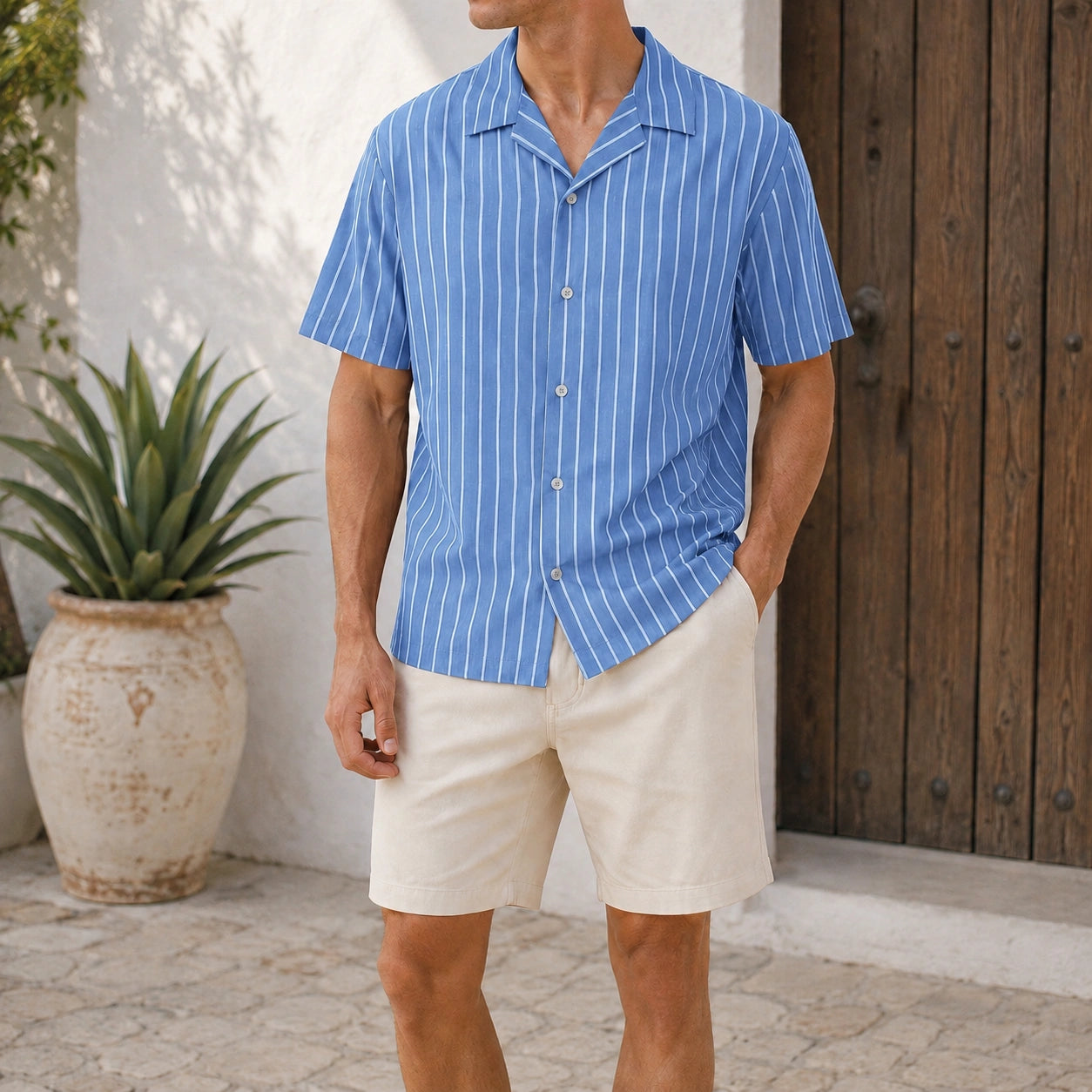 Mivanity Men's Casual Striped Printed Cuban Collar Short Sleeve Shirts