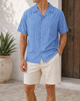 Mivanity Men's Casual Striped Printed Cuban Collar Short Sleeve Shirts