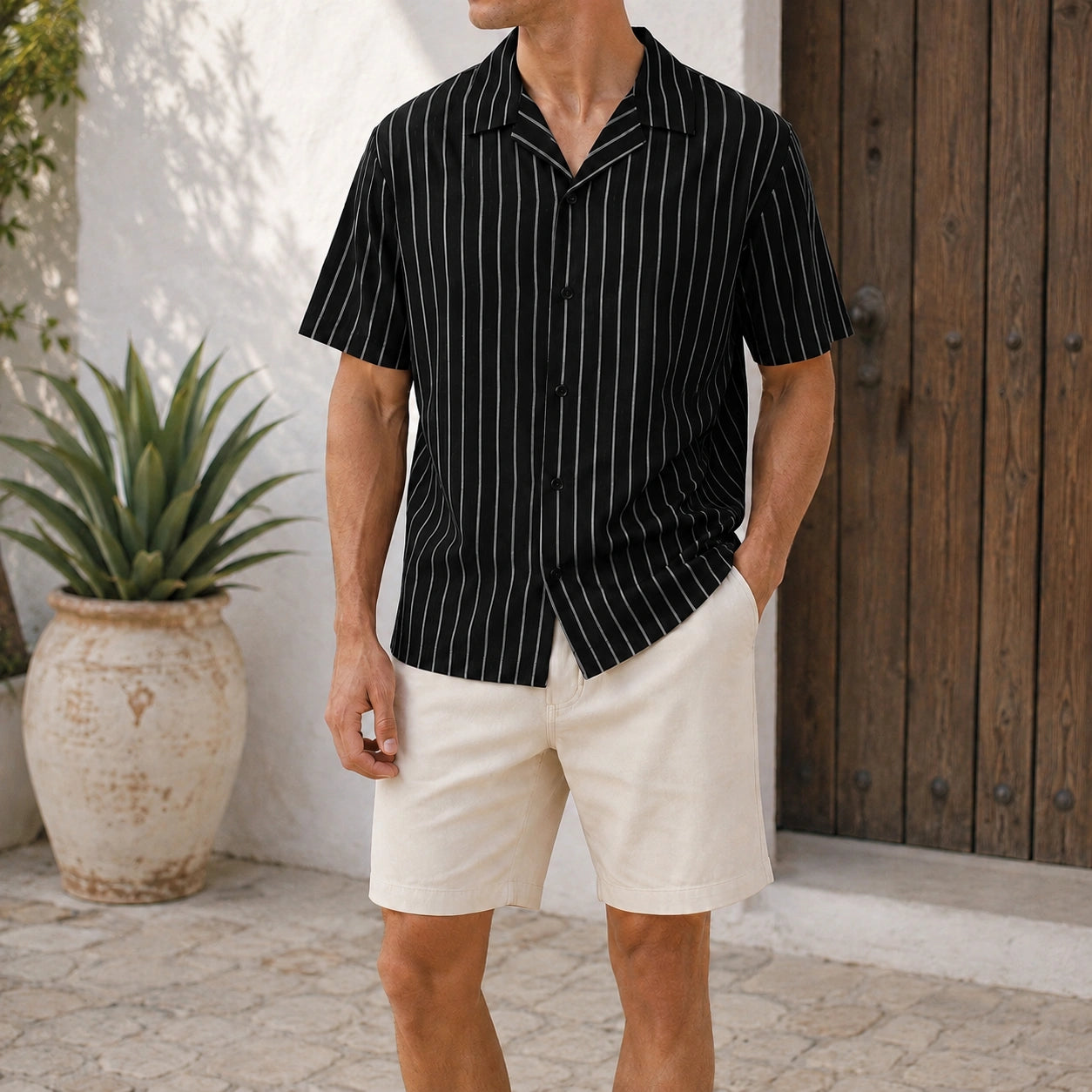 Mivanity Men's Casual Striped Printed Cuban Collar Short Sleeve Shirts