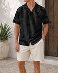 Mivanity Men's Casual Striped Printed Cuban Collar Short Sleeve Shirts