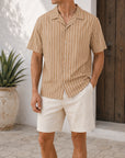 Mivanity Men's Casual Striped Printed Cuban Collar Short Sleeve Shirts
