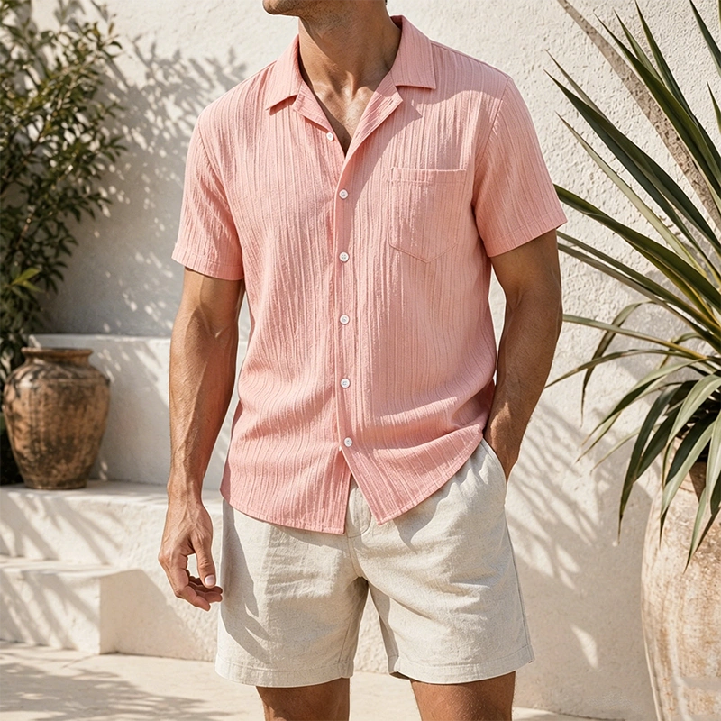 Mivanity Men's Casual Vertical Striped Textured Lapel Solid Color Short-sleeved Shirts